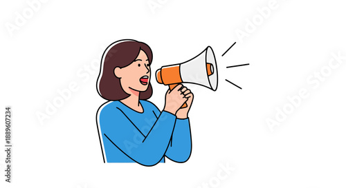 Woman Communicating Loudly with Megaphone Announcing News Promoting Public Awareness Spreading Message to Audience Making Announcement Public Speech