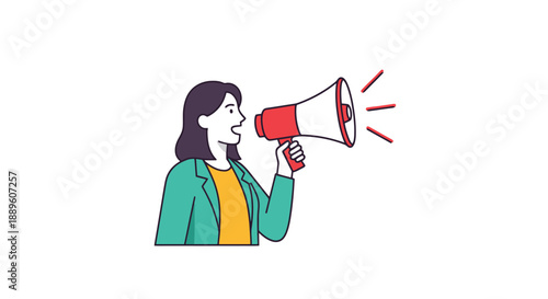 Woman Communicating Loudly Through Megaphone Announcing Important Message Creating Awareness And Attention For Public Attention