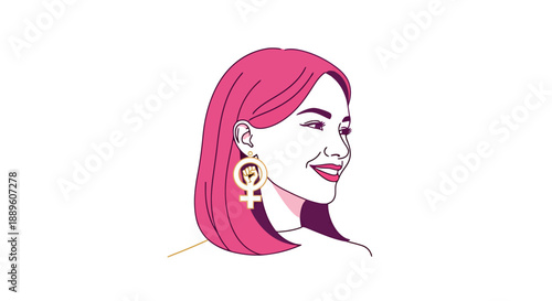 Woman with pink hair wearing gold circle earrings featuring female gender symbols smiling to the side on a white background representing empowerment