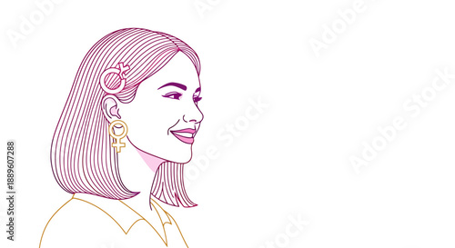 Woman In Profile With Feminist Symbols As Hair Clip And Earring Expressing Happiness And Confidence On White Background