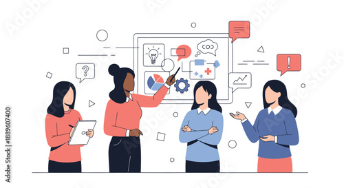 Diverse female team collaborating on project planning and strategy with whiteboard presentation and idea generation in a modern office setting