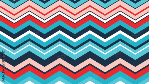 Vibrant chevron zigzag seamless pattern with horizontal wavy lines in blue, pink, red, and navy for textile design.