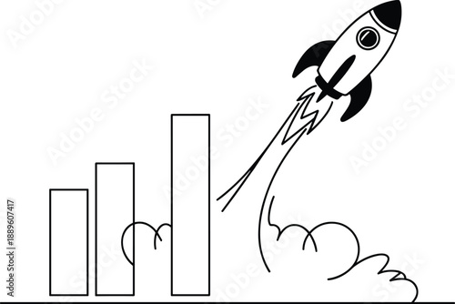 Rocket launching from rising bar chart, symbolizing business growth, success, acceleration, financial progress, startup breakthrough, and upward momentum