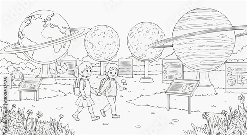 Children's coloring book - Two children walking in a planetarium garden with educational exhibits  