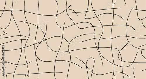 Abstract Wavy Black Lines Seamless Pattern on Beige Background