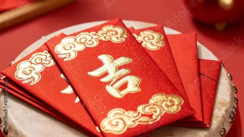 Red envelopes with gold characters on a traditional drum