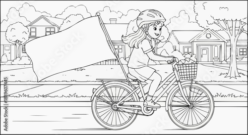 Children's coloring book - A girl on a bicycle with a basket and a flag on the street