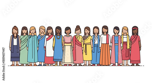 Diverse Group Of Women Showing Various Cultural Fashion Styles Standing Together Isolated On White Background