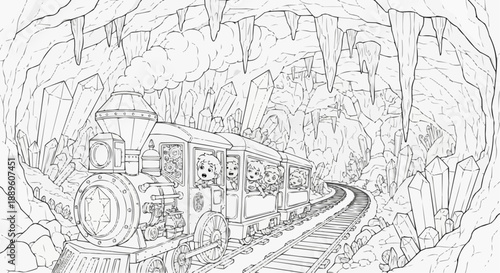 Children's coloring book - Train traveling through crystal cave 