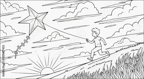 
Children's coloring book - child runs with a star-shaped kite on a grassy hill under a sunny sky 