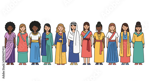 Diverse Women Representing Global Cultures In Traditional Attire Standing Together Side By Side Symbolizing Unity And Heritage