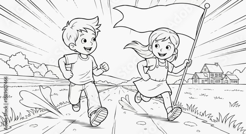 Children's coloring book - Children running happily along a country road with a flag   