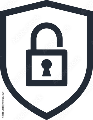 Shield with open padlock icon, symbolizing cybersecurity, access control, data protection, vulnerability, digital security, and system authorization concept