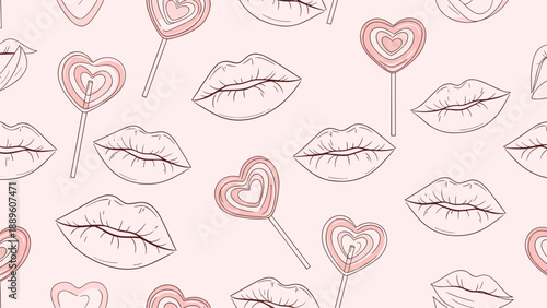 Romantic seamless pattern with pink hand drawn lips and heart shaped lollipops on a soft pink background for Valentine and love themes.