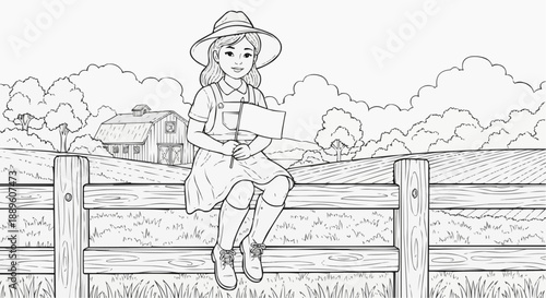 Children's coloring book - A girl sits on a fence and holds a small flag in her hands in a rural area