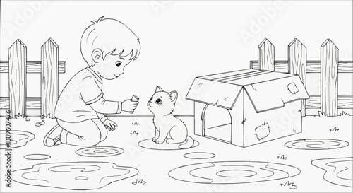 Children's coloring book - A boy kneels and feeds a stray kitten near a cardboard house
