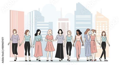 Diverse Group of Women Walking Together in Urban Environment Holding Hands Showing Unity and Support