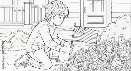 Children's coloring book - A boy places an American flag in a flower bed in the garden