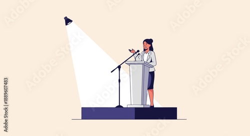 Woman speaker delivering presentation at podium under bright spotlight on stage for conference or public speaking event with microphone