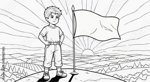 Children's coloring book - Young boy standing proudly by flag on hilltop at sunrise  