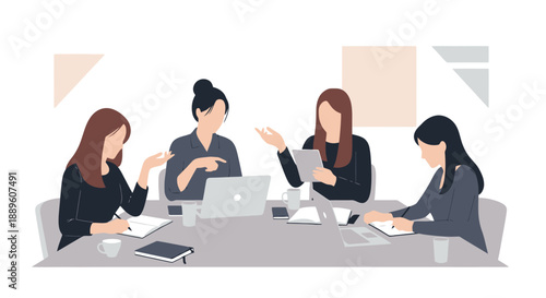 Diverse women collaborating in a business meeting discussing documents and using a laptop for teamwork on an office table