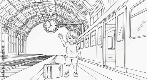 Children's coloring book - A child waves his hand on the station platform next to a suitcase