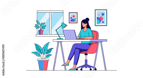 Young Woman Working Remotely From Home Sitting At A Desk With Laptop And Desk Lamp Surrounded By Indoor Plants