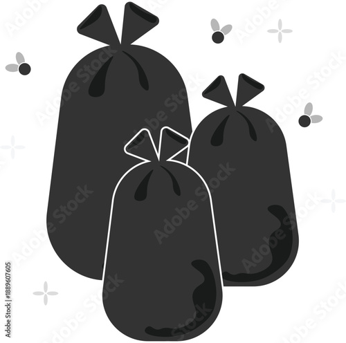 A flat vector illustration featuring three black plastic trash bags surrounded by buzzing flies and sparkles indicating filth.