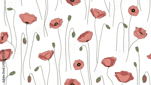 Delicate seamless pattern with pink poppy flowers and buds on thin green stems over a white background for floral textiles and decor.