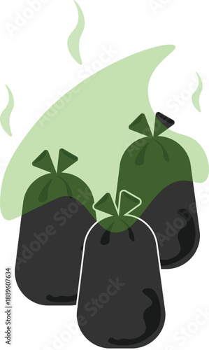 A flat vector illustration depicting three black plastic garbage bags emitting a strong, foul odor represented by green vapor clouds and wavy steam lines.