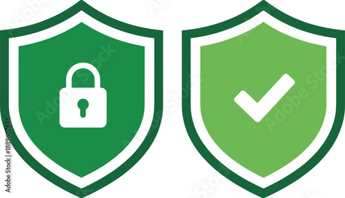 Two shield icons with padlock and checkmark, symbolizing cybersecurity, data protection, verification, privacy, safety, and secure digital access
