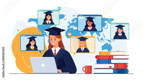 Concept of a global online graduation ceremony with several students in caps and gowns attending via video conference on a laptop.