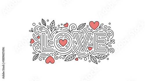 Decorative love lettering design with intricate black line swirls red hearts and green leaves for romantic cards and expressions.