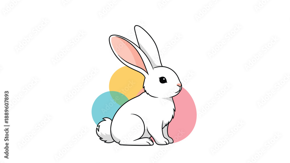 Fototapeta premium Cute white rabbit sits calmly in front of soft yellow, blue, and pink overlapping circles on a plain white background for children.