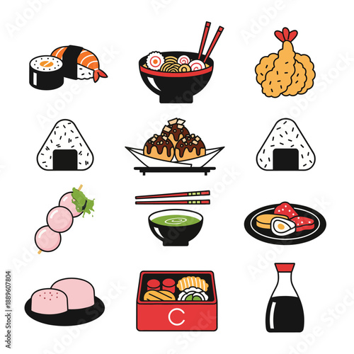 Assorted Japanese dishes displayed on various plates and bowls from a straightforward view