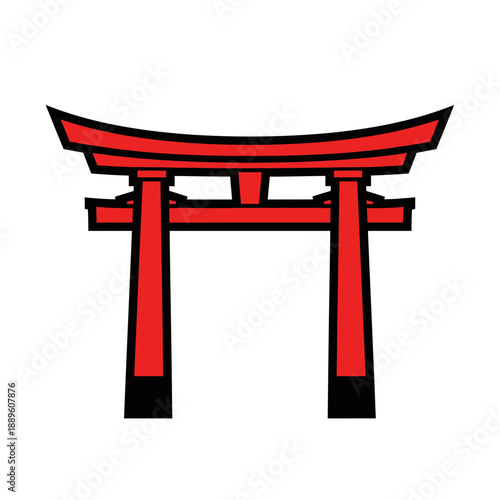 Illustration of a traditional red Torii gate standing prominently against a neutral background from a straightforward viewpoint