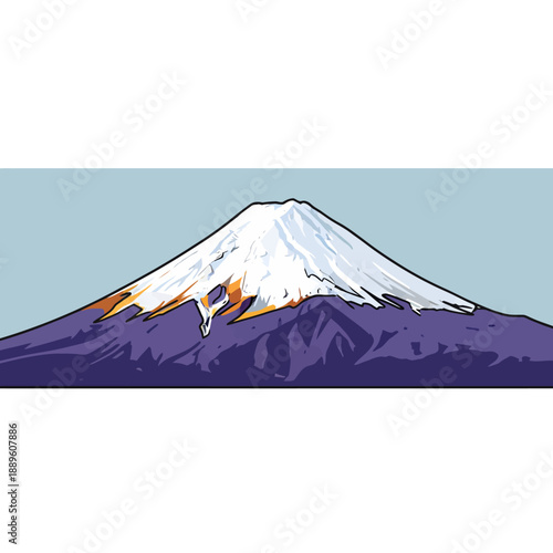 Illustration of a majestic snow-capped mountain peak with volcanic activity, showcasing nature's landscape from a distant viewpoint.