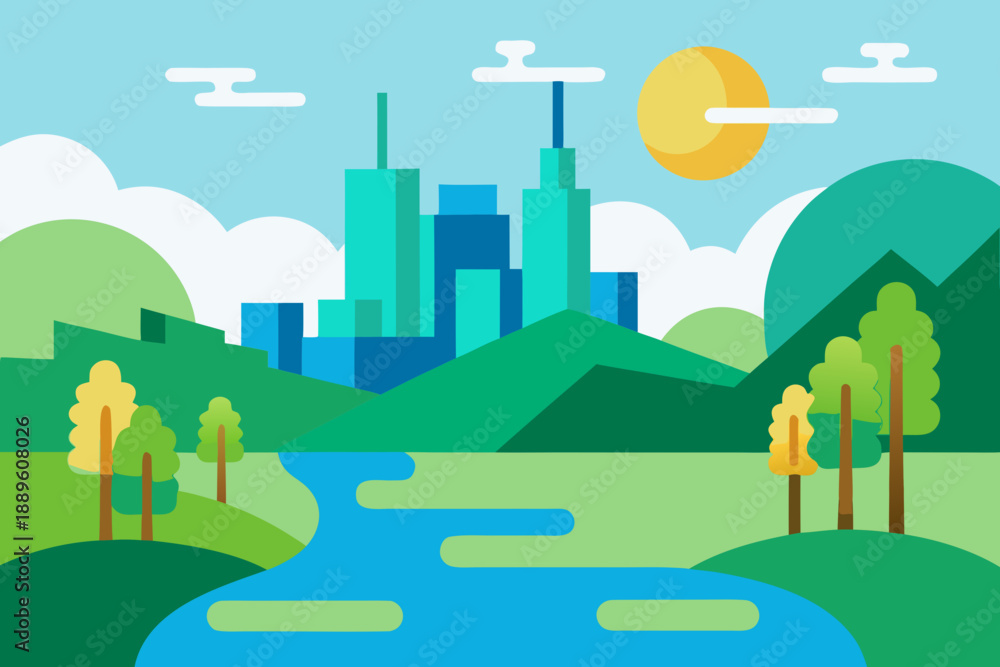 Fototapeta premium AI Smart City Nature Landscape Flat Vector Illustration