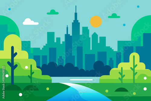 AI Smart City Nature Landscape Flat Vector Illustration