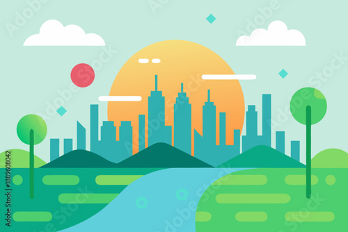 AI Smart City Nature Landscape Flat Vector Illustration