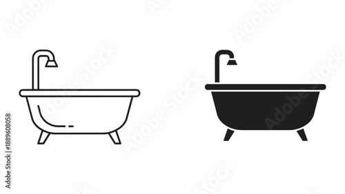 Bathtub icon set with faucet in two different styles