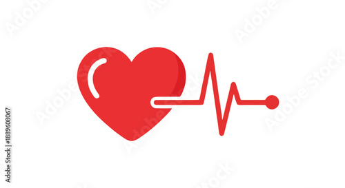 Simple Flat-Style Red Heart with Electrocardiogram Line Illustration for Medical Healthcare Icon Logo Design and Symbol Use Context
