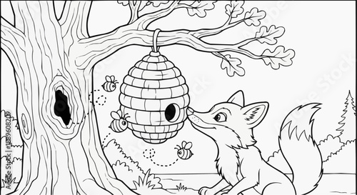 Children's coloring book - A fox looks at a beehive suspended from a tree  