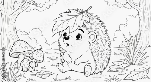 Children's coloring book - Cute hedgehog sitting under leaf in forest with mushrooms  