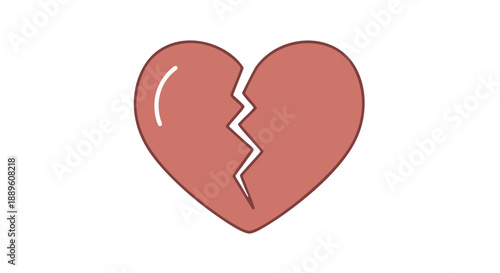 Simple cartoon-style broken heart illustration with jagged crack in muted red centered on plain background