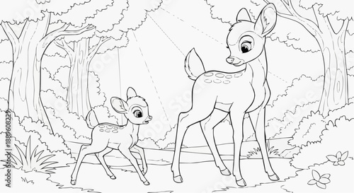 Children's coloring book - Cartoon deer mother and fawn walking in forest scene  