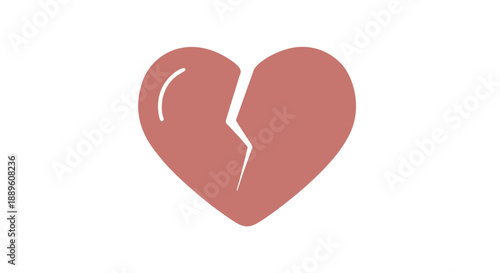 Centered Broken Heart Symbol in Muted Red Color on White Background, Flat Graphic Illustration Representing Emotional Pain and Heartbreak