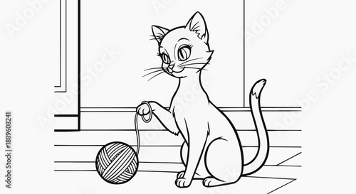 Children's coloring book - Cute cat playing with a yarn ball on a wooden floor indoors  