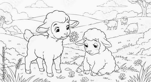 Children's coloring book - Two baby lambs playing in a field with flowers and green hills  