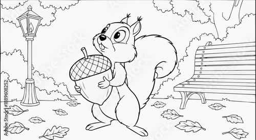 Children's coloring book - Cartoon squirrel holding acorn in park with bench and leaves  